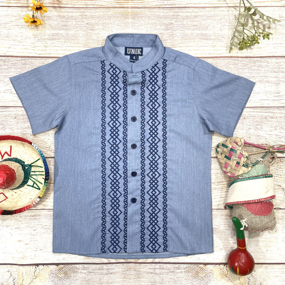 Chambray Diamond Cotton Polyester Fabric - Embroidered Details, Short Sleeve, Boys Shirt, Chambray Diamond, 4-14 (1 Piece)