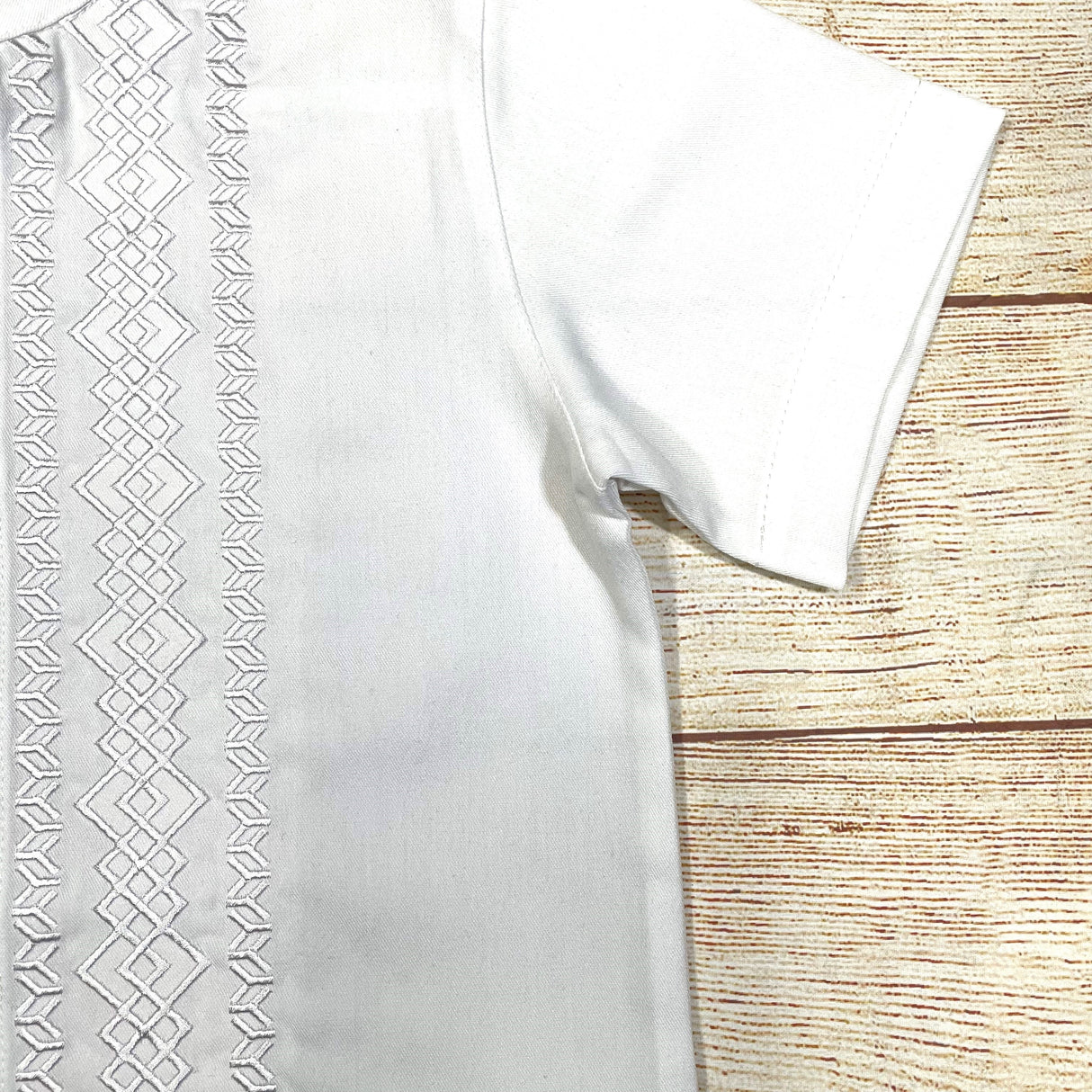 Boys White Diamond Guayabera Cotton Polyester Fabric - White Diamond, Short Sleeve, Embroidered Details, Sizes 4-14 (1 Piece)