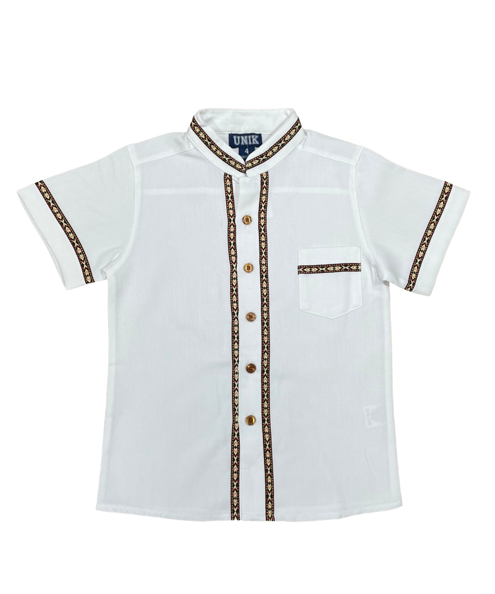 Boys White Trim Guayabera Shirt - Cotton Polyester Fabric, White Trim, Embroidered Details, Short Sleeve, Sizes 4-14 (1 Unit)