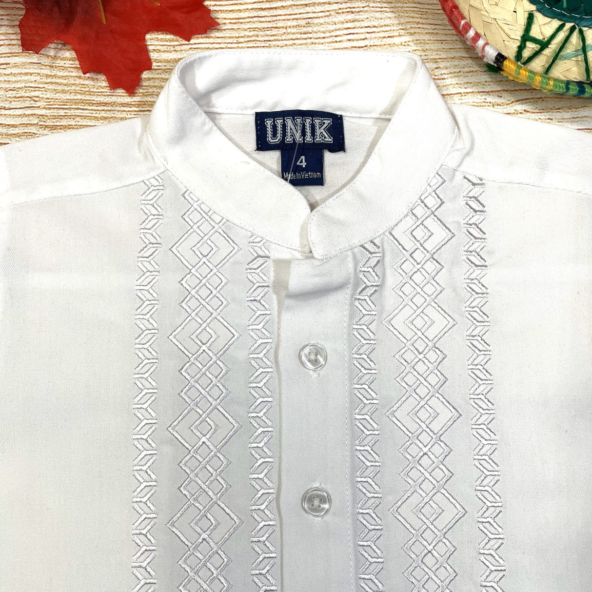 Boys White Diamond Guayabera Cotton Polyester Fabric - White Diamond, Short Sleeve, Embroidered Details, Sizes 4-14 (1 Piece)