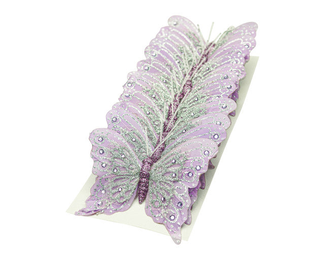 4" Lavender Silver Glitter Butterfly Decorations - Pack of 12 Monarch Butterflies