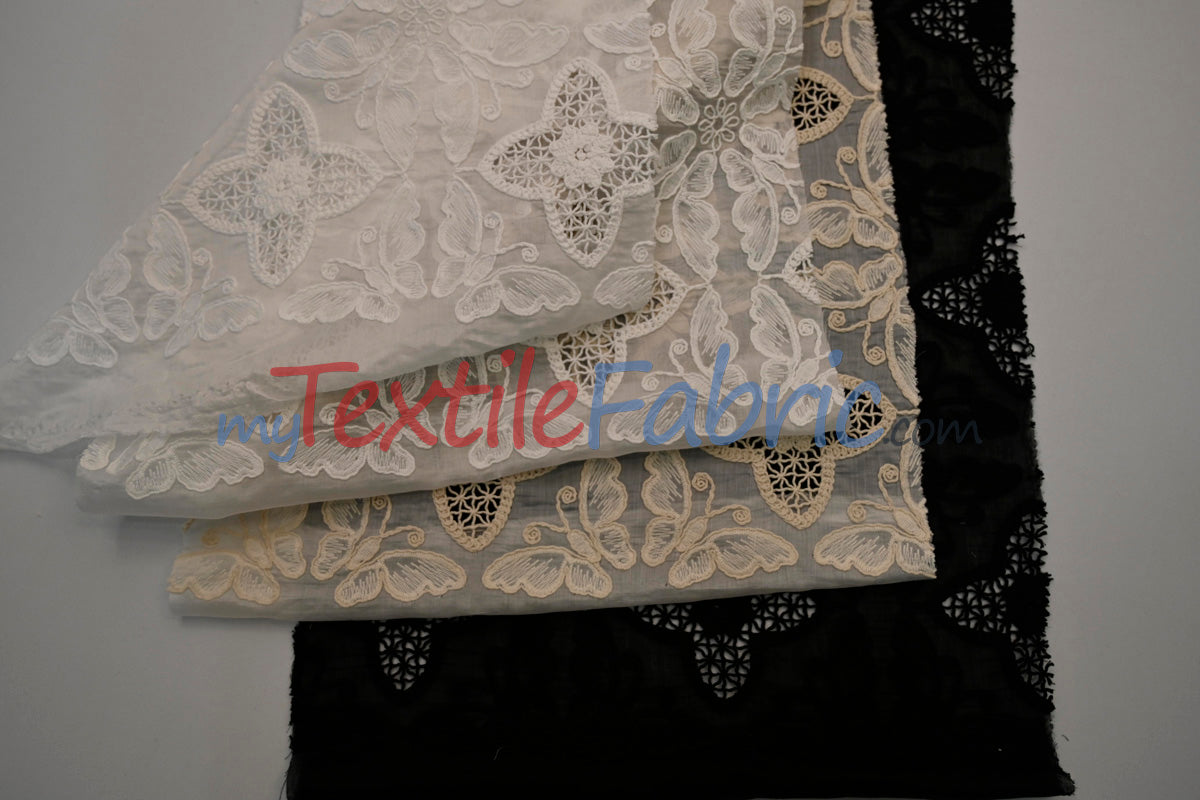 Butterfly Embroidery Cotton Fabric - White, Offwhite, Ecru, Black, 52-54" Width (1 Yard)