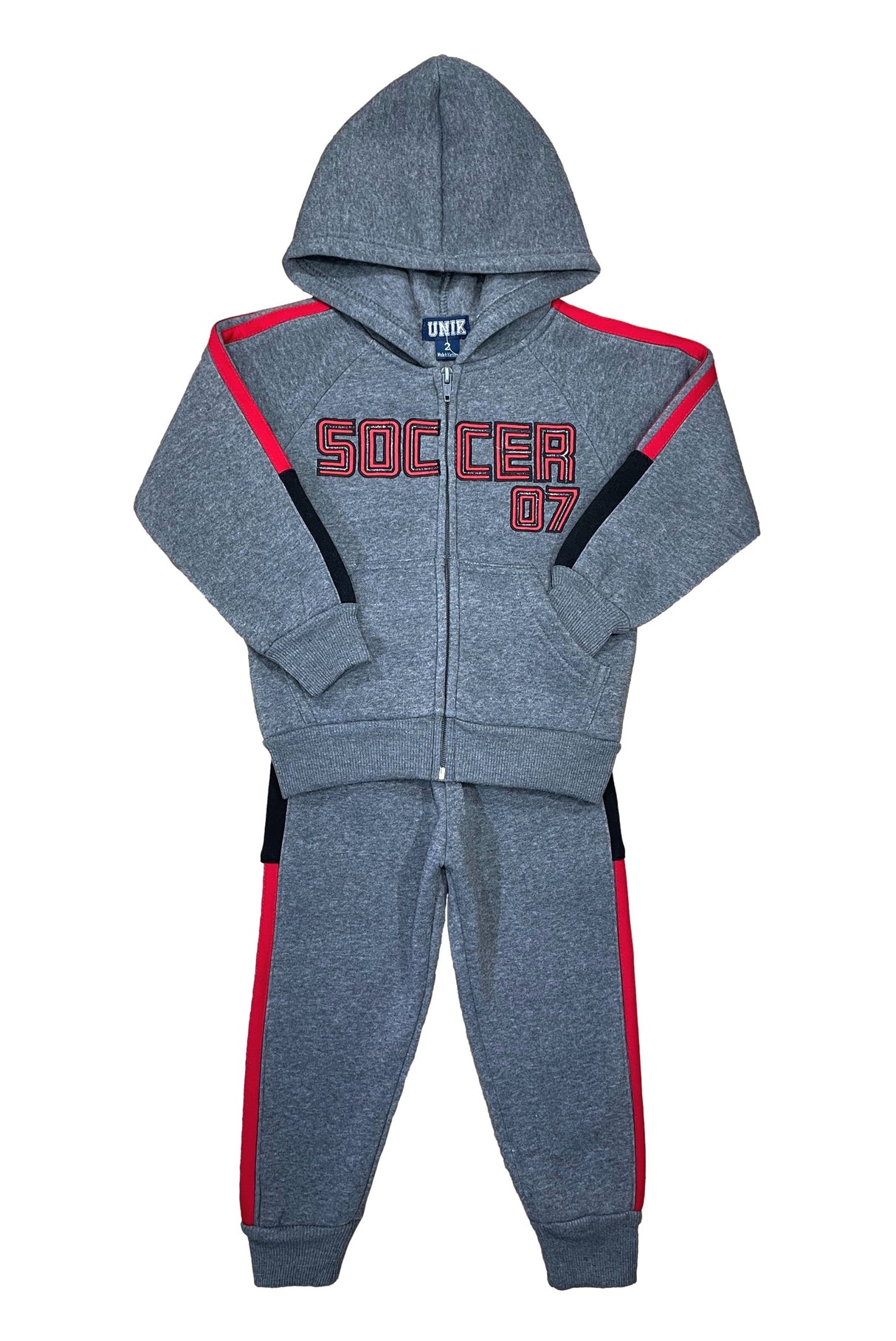 BW2173 Boy Soccer 07 Track Suit Fleece Fabric - Embroidered Soccer, Stripes, Burgundy/Grey/Navy (1 Set)