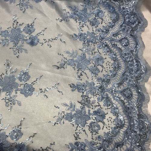 Baby Blue Sequin Lace Fabric With Embroideries On Mesh - Baby Blue, Embroidered Lace, 54" Width