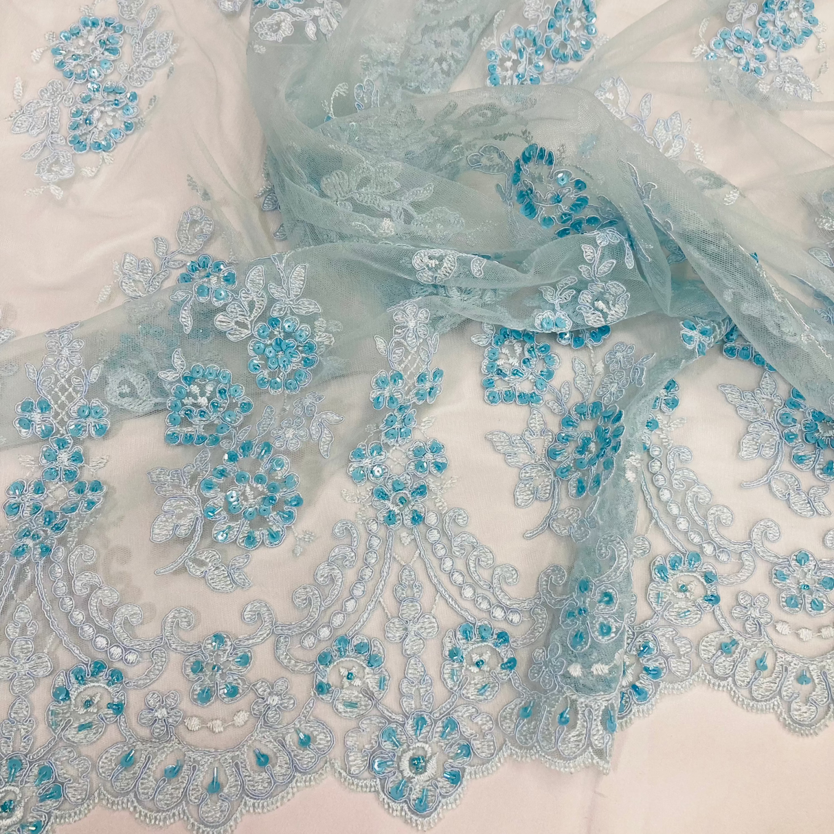 1 Yard White Beaded Corded Lace Fabric Embroidered on Polyester Net Mesh 52 inch Width