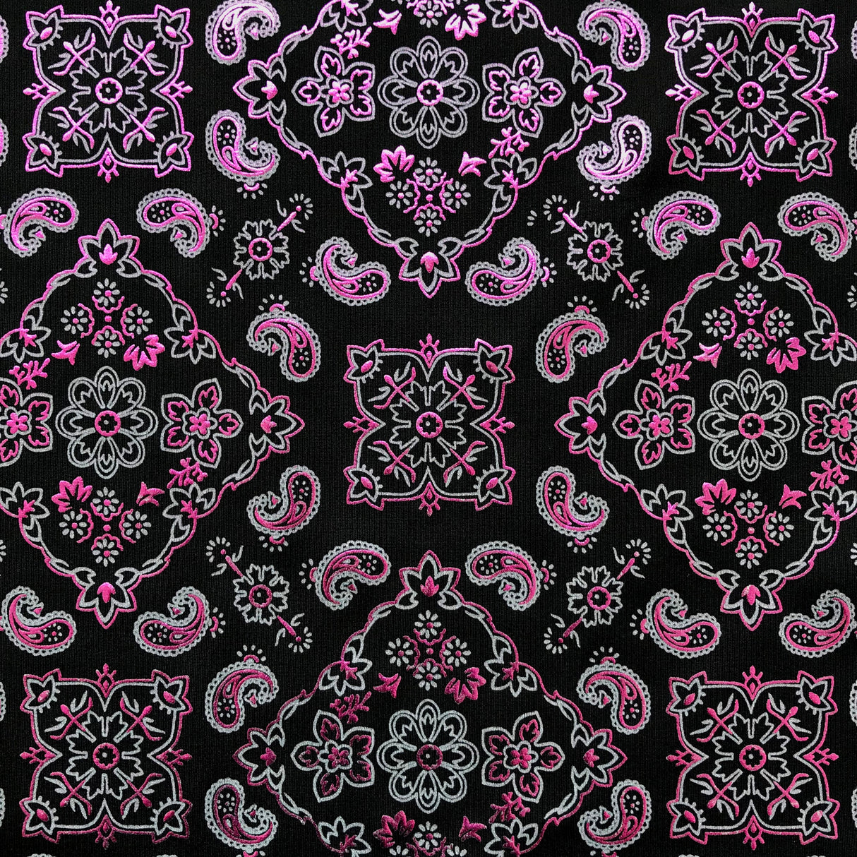 Bandana Foil Printed Nylon Spandex Fabric - Black/Turquoise, Bandana Paisley Foil Pattern, 54/56" Width (1 Yard)