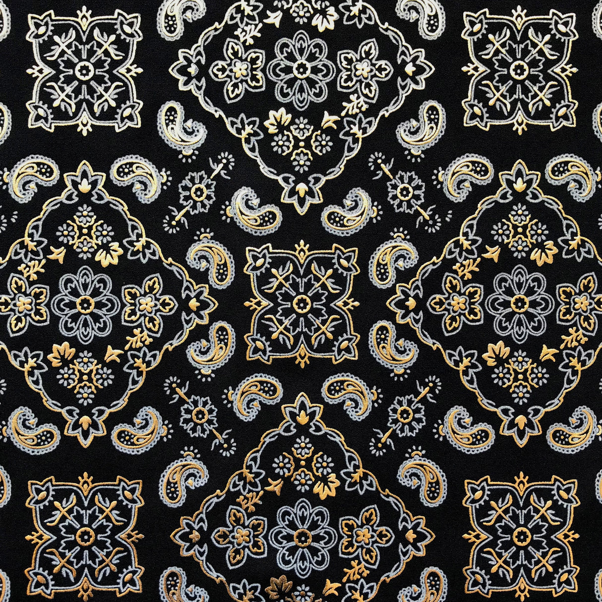 Bandana Foil Printed Nylon Spandex Fabric - Black/Turquoise, Bandana Paisley Foil Pattern, 54/56" Width (1 Yard)