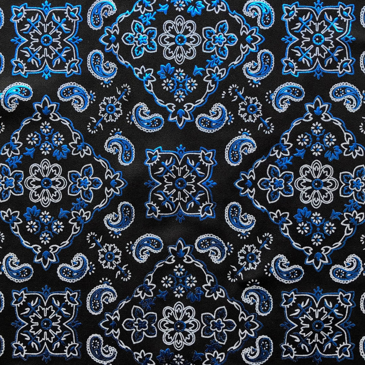 Bandana Foil Printed Nylon Spandex Fabric - Black/Turquoise Bandana Paisley Foil Pattern, 54/56" Width (1 Yard)