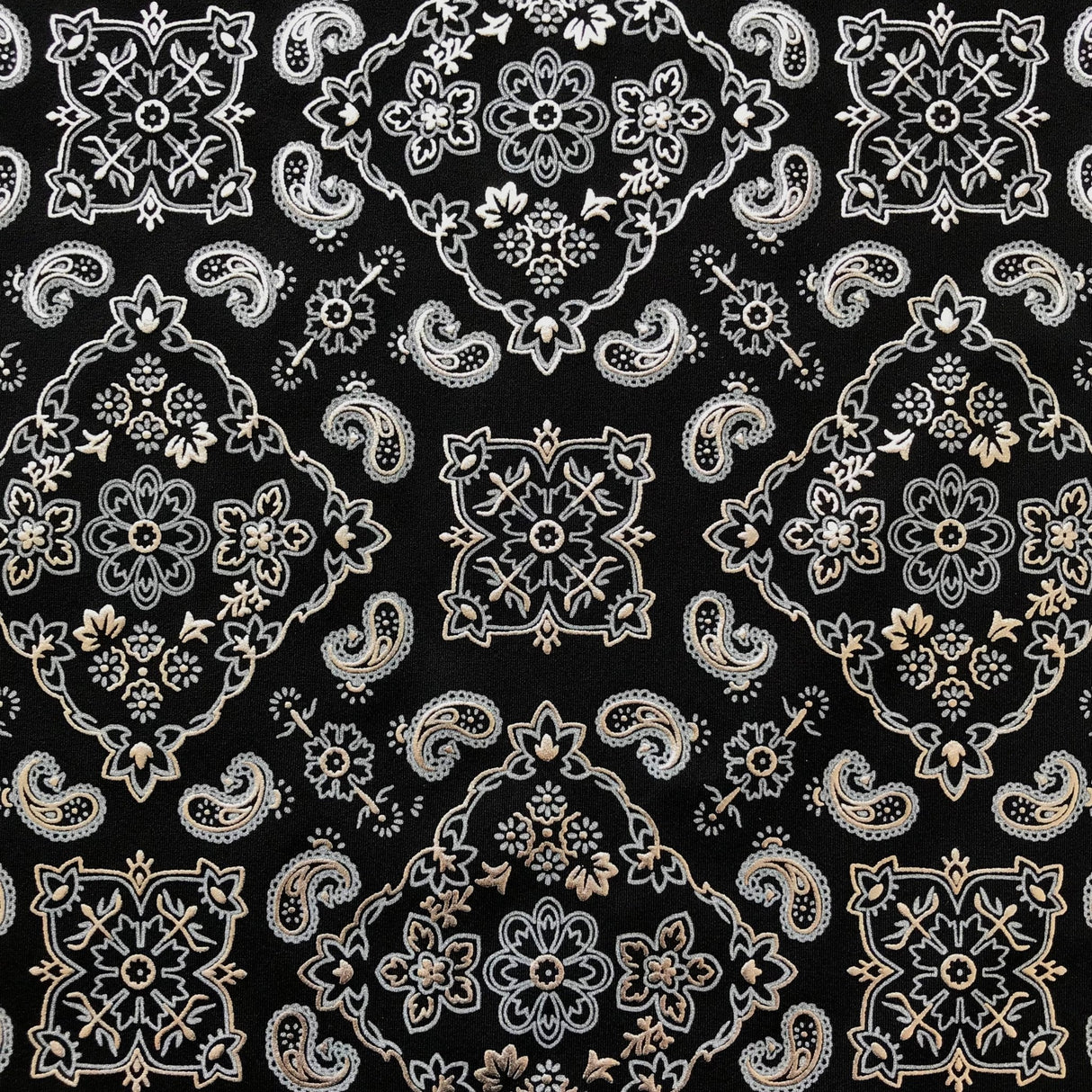 Bandana Foil Printed Nylon Spandex Fabric - Black/Turquoise Bandana Paisley Foil Pattern, 54/56" Width (1 Yard)