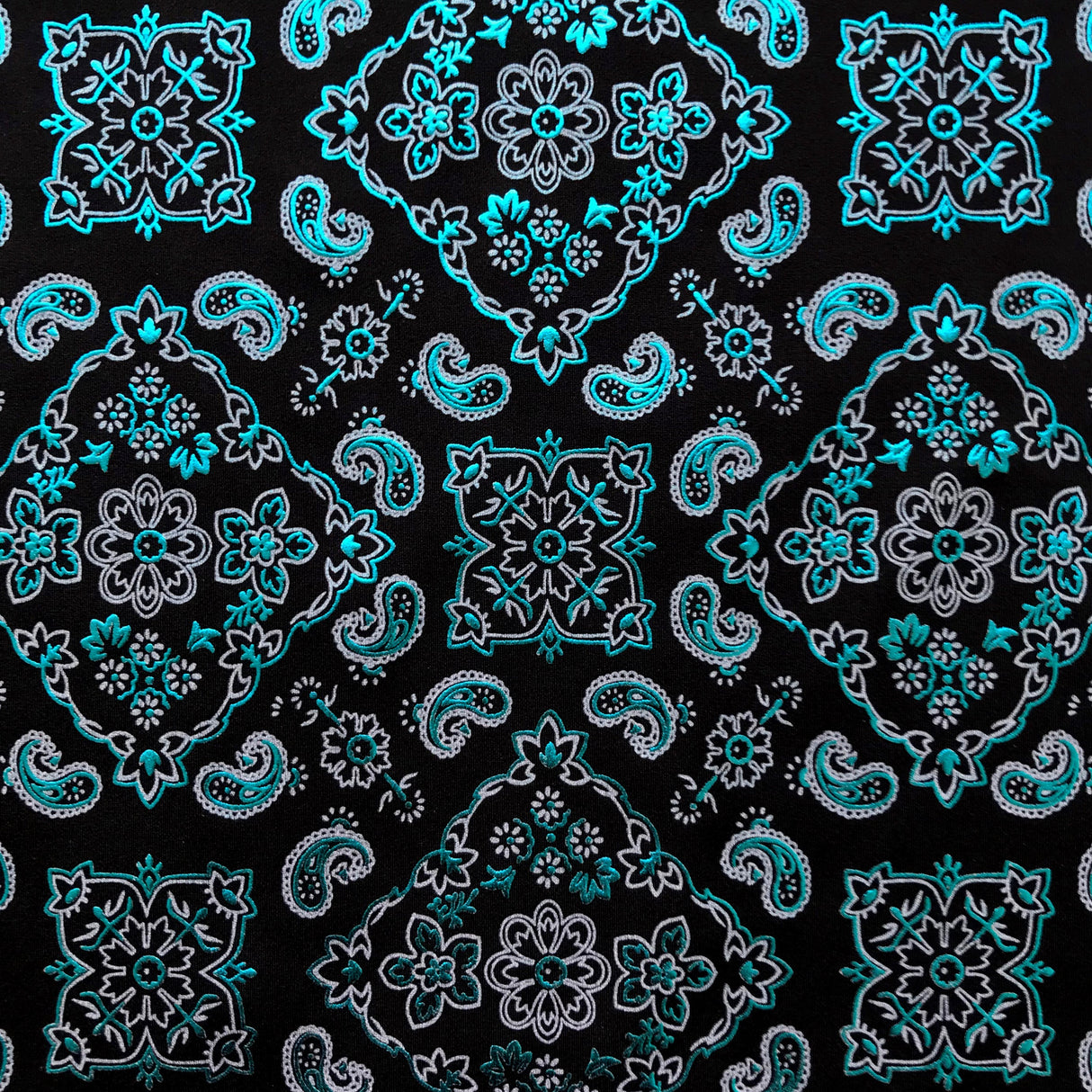 Bandana Foil Printed Nylon Spandex Fabric - Black/Turquoise, Bandana Paisley Foil Pattern, 54/56" Width (1 Yard)