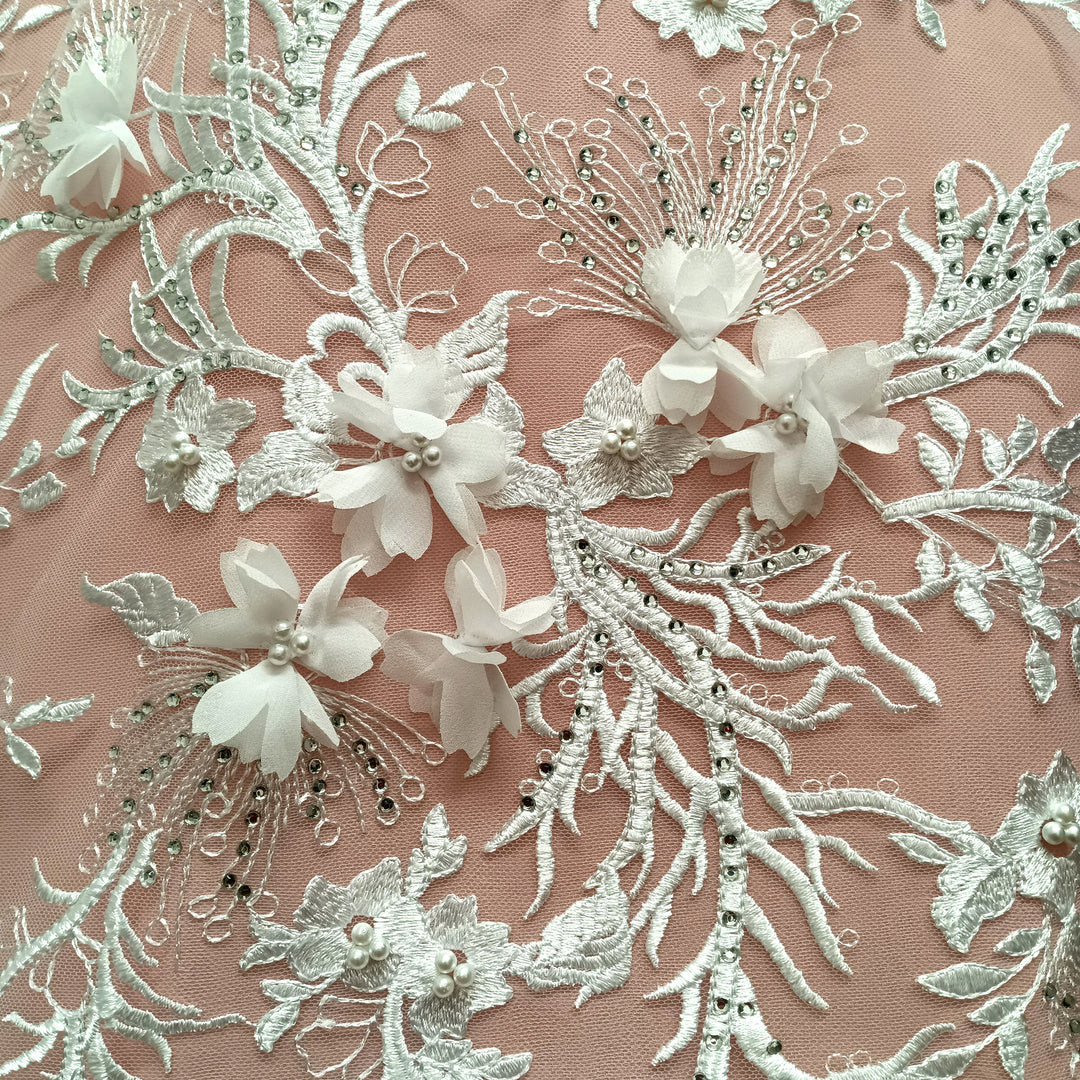 1 Yard White Elegant Beaded and Rhinestone 3D Floral Lace Fabric Embroidered on Polyester Net Mesh 52 inch Width