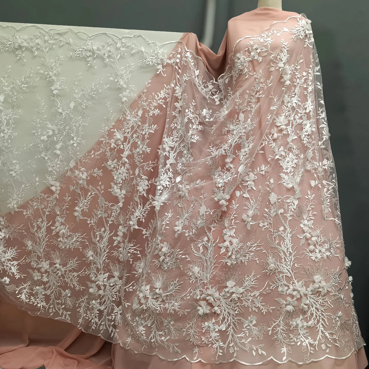 1 Yard White Elegant Beaded and Rhinestone 3D Floral Lace Fabric Embroidered on Polyester Net Mesh 52 inch Width