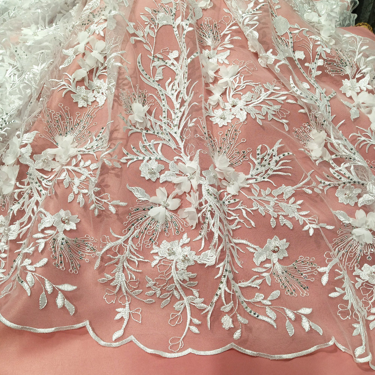 Beaded Rhinestone 3D Floral Lace Fabric