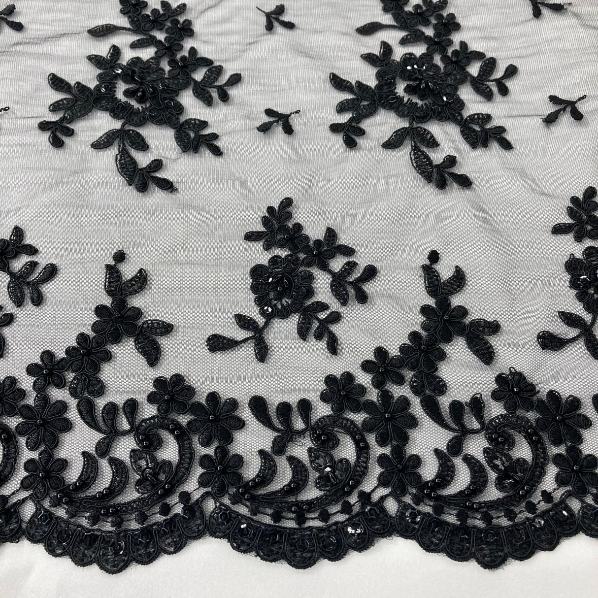 Beaded Corded Floral Lace Fabric