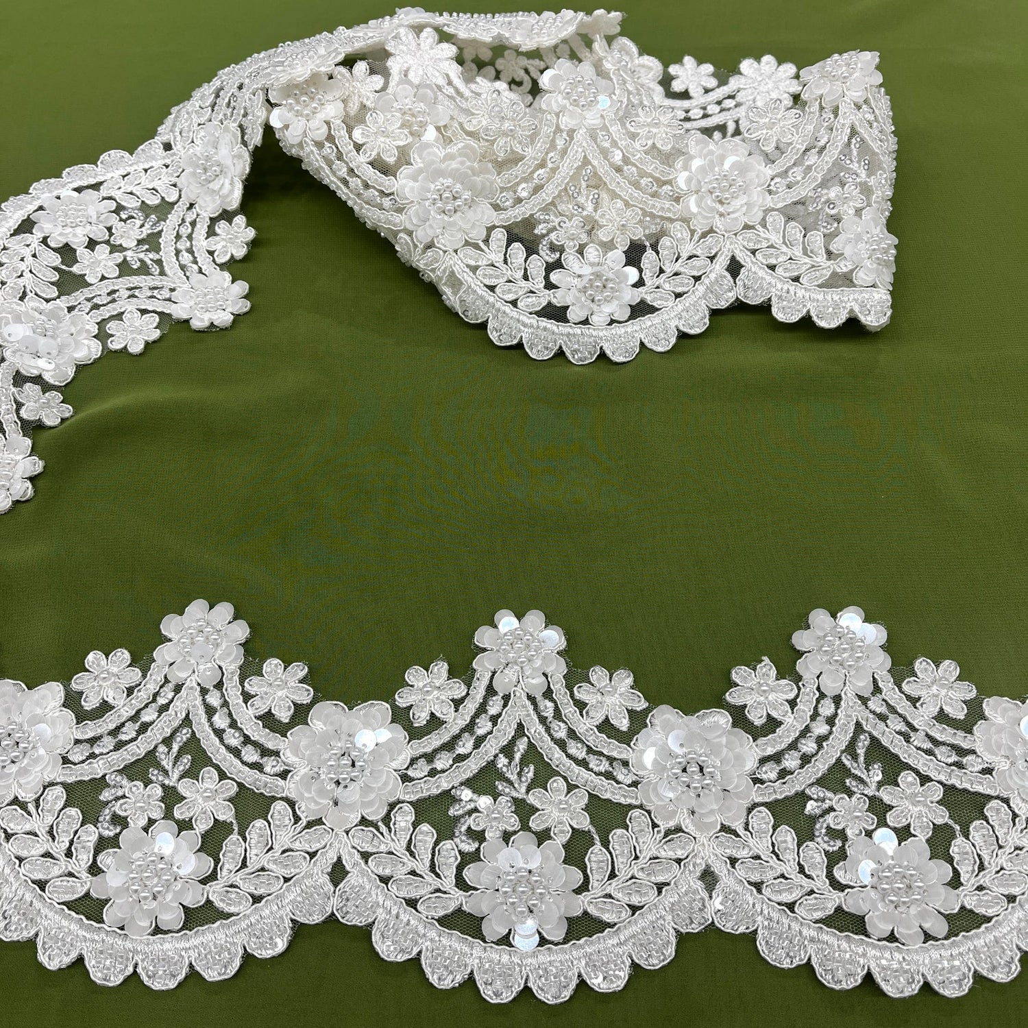 1 Yard Beaded & Corded Floral Lace Trimming 4.5" Wide Embroidered on 100% Polyester Net Mesh
