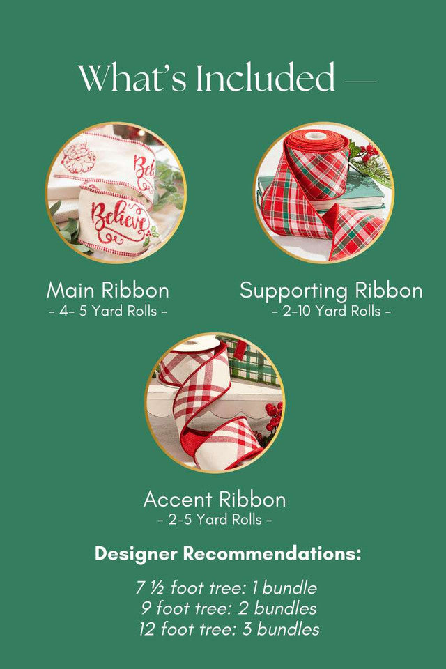 Believe Ribbon Mini Bundle Christmas Tree Decorating Ribbon Kit with Santa & Plaid Designs