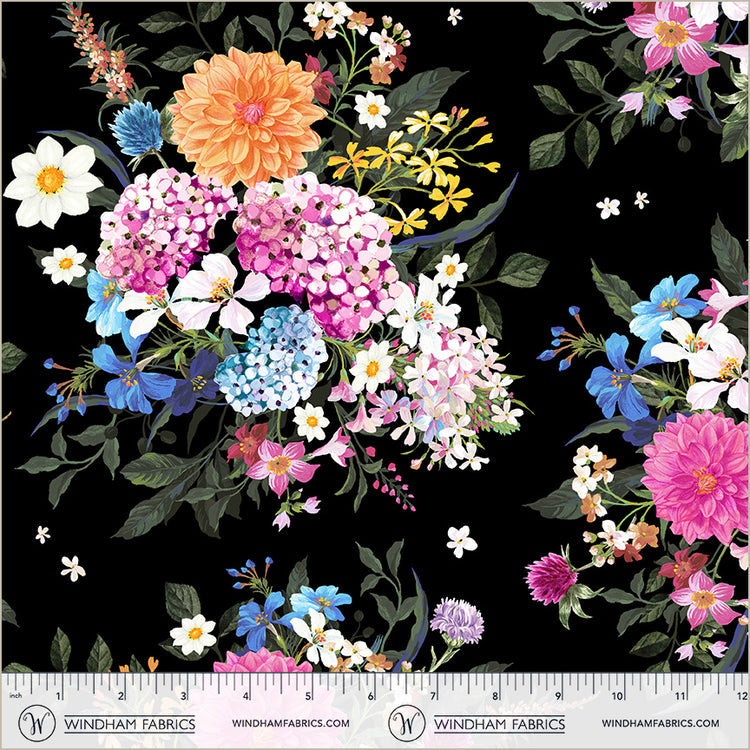 Cotton Print Black Bountiful Bouquets Midnight Blooms Fabric 44/45"