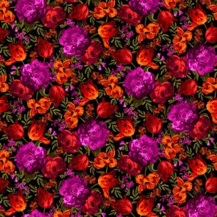 Cotton Wideback Fabric Black Hot Midnight Floral 108"
