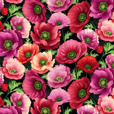 Cotton Print Black Poppies Blissful Blooms Fabric