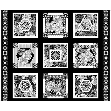 Cotton Floral Picture Patches Fabric Black White 44/45"