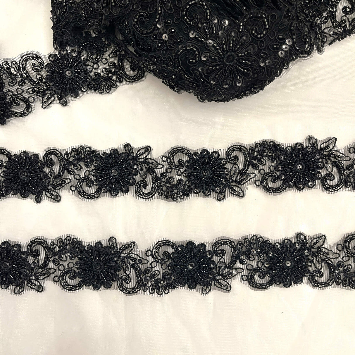 Beaded Corded Lace Trim on Polyester Mesh
