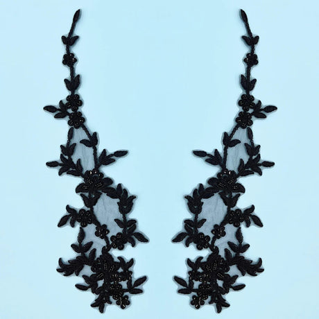 1 Pair 17" x 4.5" Beaded & Corded Floral Lace Applique 100% Polyester Net Mesh