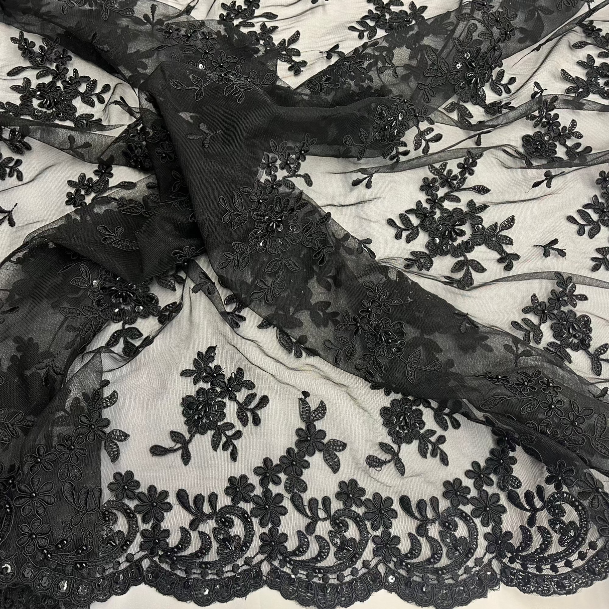 Beaded Corded Floral Lace Fabric 52" Scalloped Edges