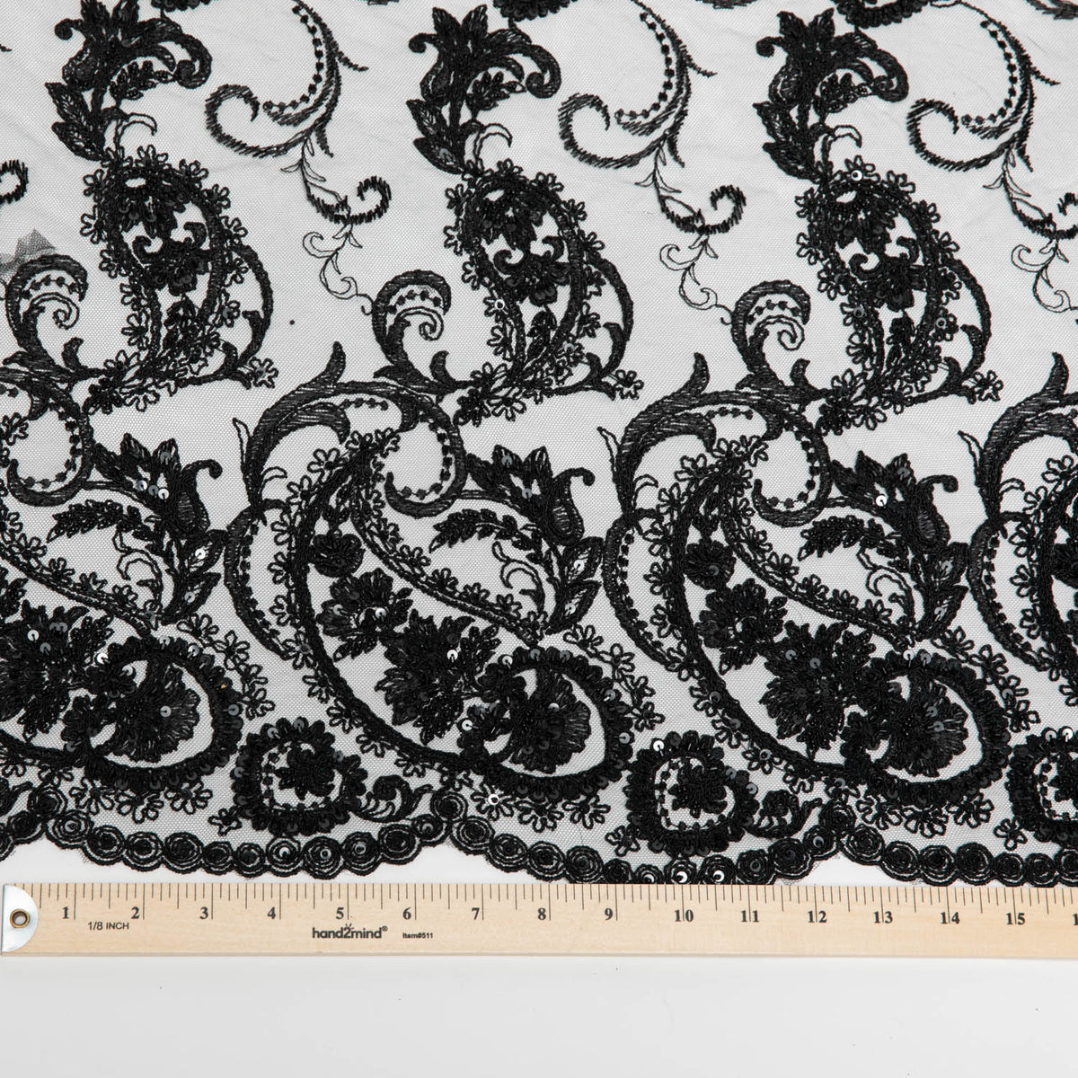 1 Yard Tulle Lace Fabric Embroidered with Sequins and Intricate Floral Pattern, 52" Wide