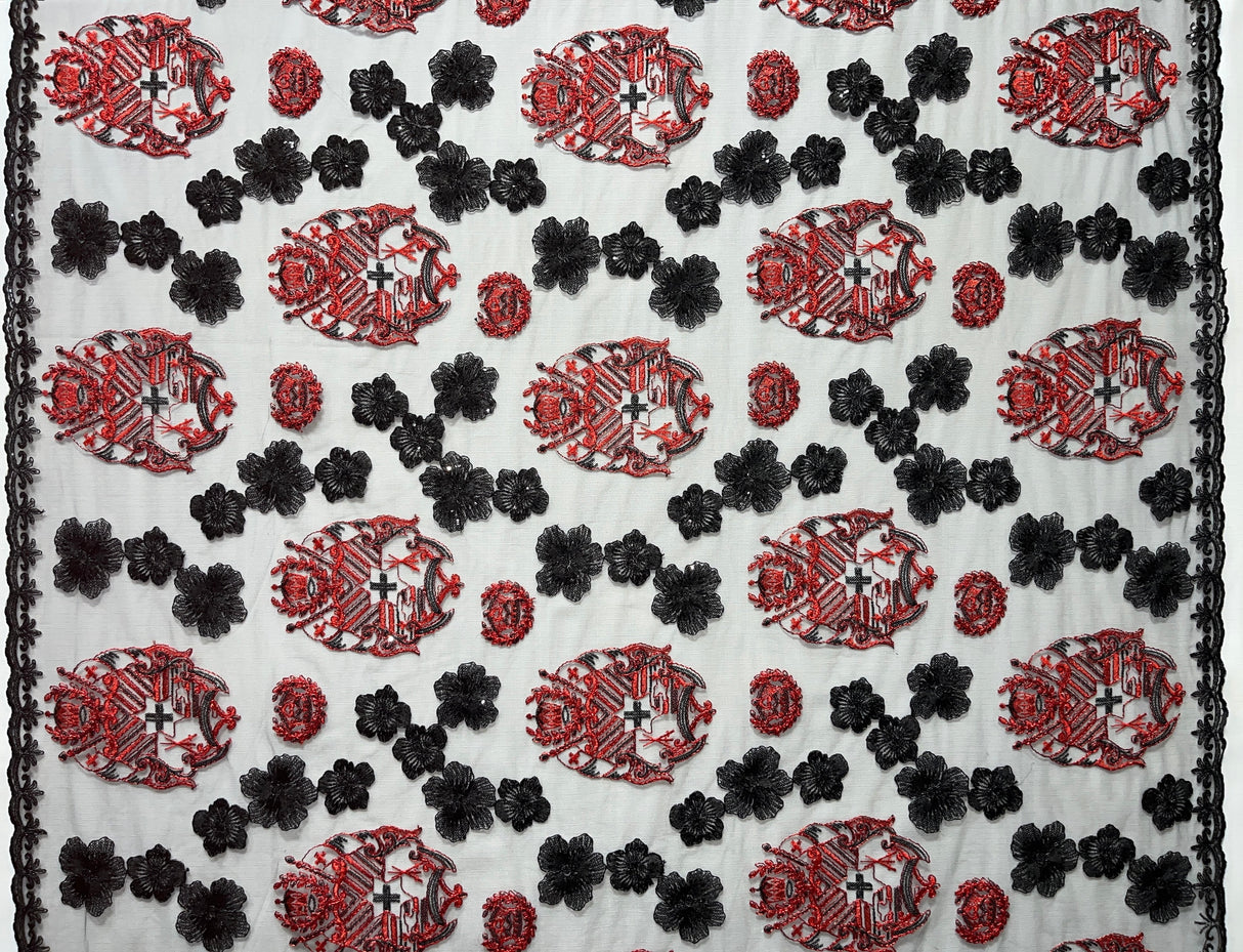 Black Hibiscus Flowers Tonga Seal Lace Polyester Fabric - Black Hibiscus Border Lace, 50" Width (1 Yard)