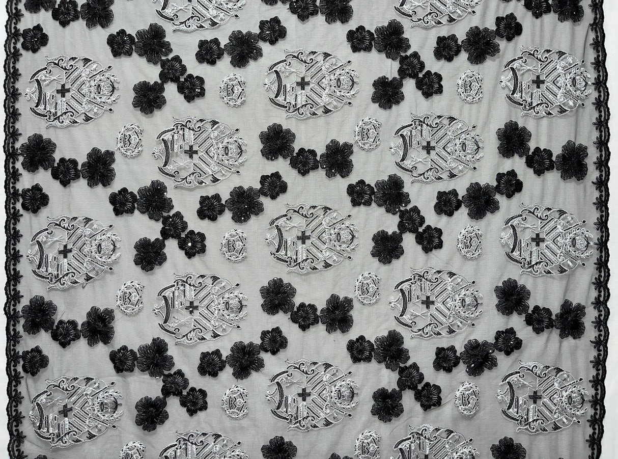 Black Hibiscus Flowers Tonga Seal Lace Polyester Fabric - Black Hibiscus Border Lace, 50" Width (1 Yard)