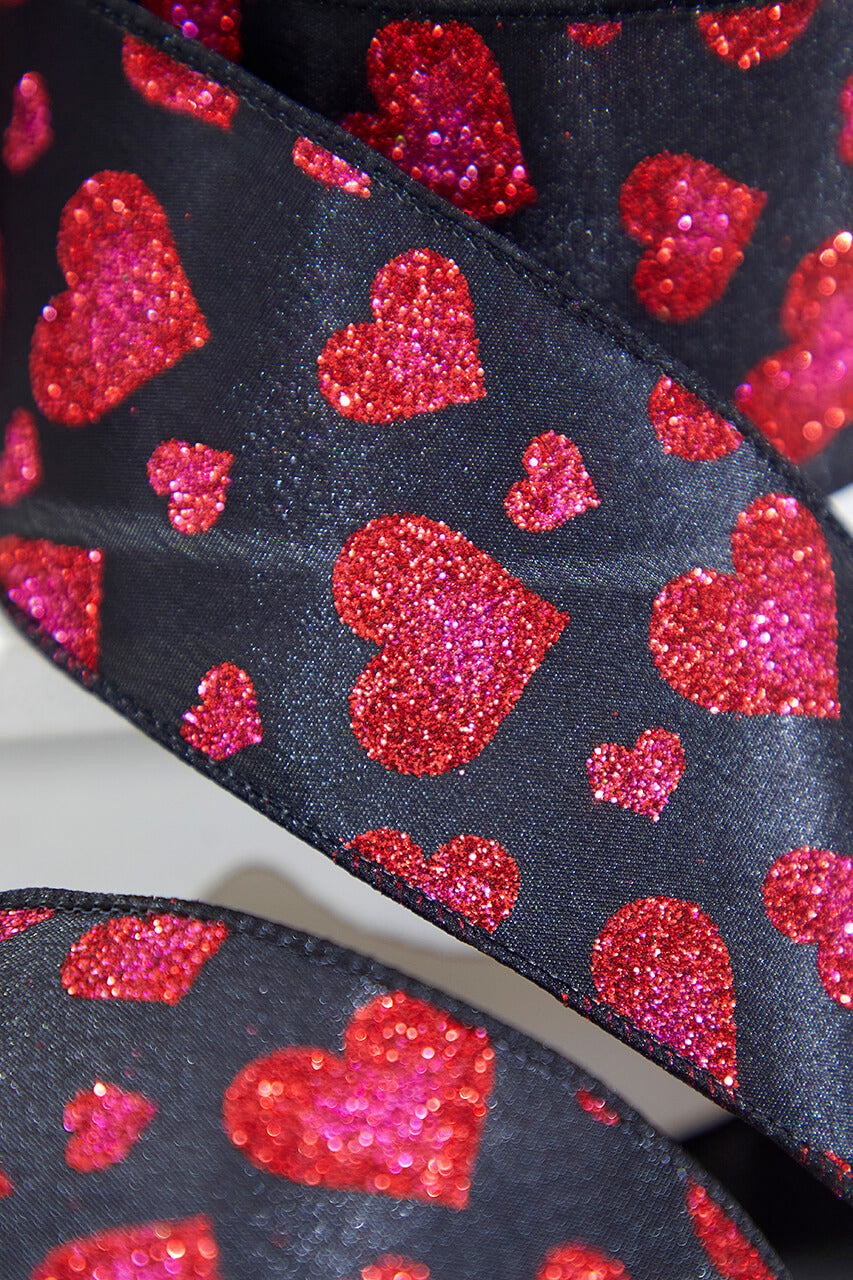 2.5" x 10 Yards Red Glitter Heart Black Ribbon