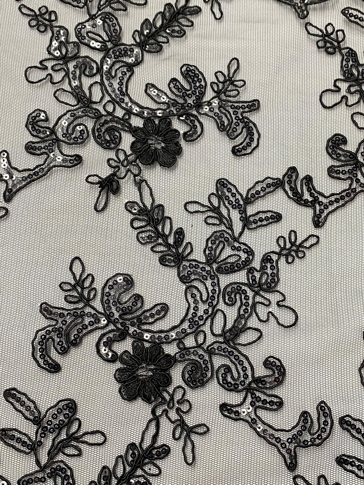 Elena's Lace Black Polyester Lace Fabric - Black Corded Mesh Embroidered With Sequins, Double Scalloped Edge, 54" Width (1 Yard)