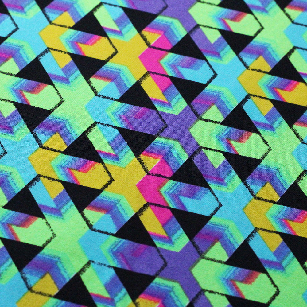 Puzzled Nylon Spandex Fabric - Blue, Pink, Yellow Geometric Pattern, 58-60" Width (1 Yard)