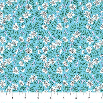 Cotton Print Blue Blossoms Pocket Posies Fabric 44/45"