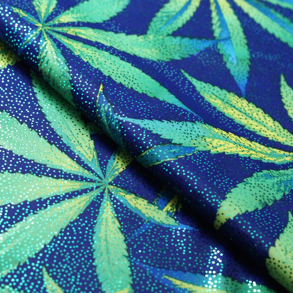 Magic Bloom Poly Spandex Fabric - Blue Green, Cannabis Leaf Print, 58/60" Width (1 Yard)