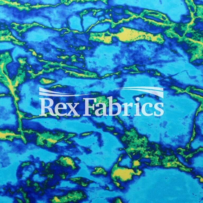 Infrared Poly Spandex Fabric - Blue Lime, Orange Turquoise, Marble Print, 58/60" Width (1 Yard)