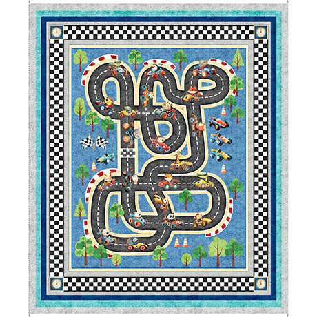 Cotton Racetrack Playmat Fabric Blue 44/45"