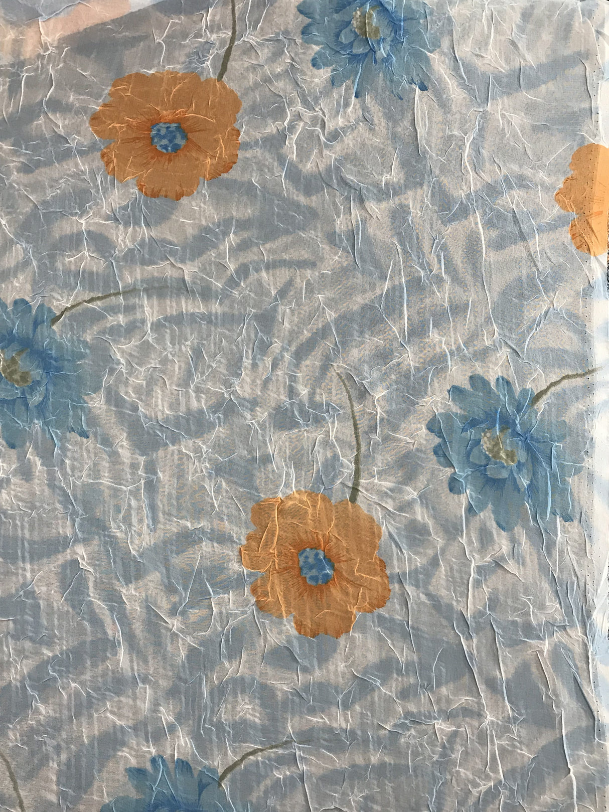 Floral Crush Chiffon Blue Polyester Fabric - Sheer Crush Floral Print, Blue, 53/54" Width (1 Yard)
