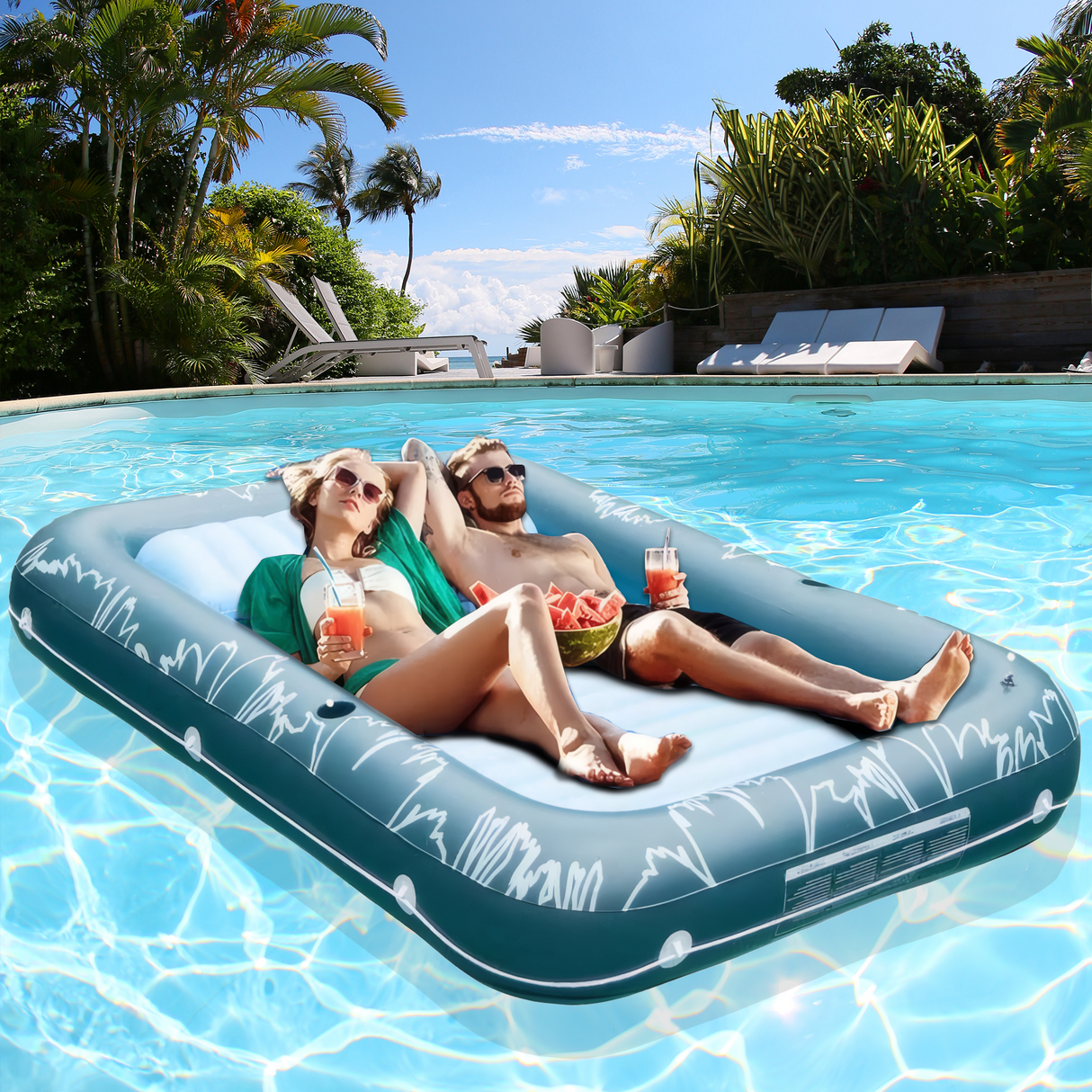 Inflatable Adult Sun Lounger Float 80 x 58 Inch Pool & Lake Air Mattress with Pillow, Dual Cup Holders, Heavy Duty Floating Raft for Beach, Pool & Summer Water Parties