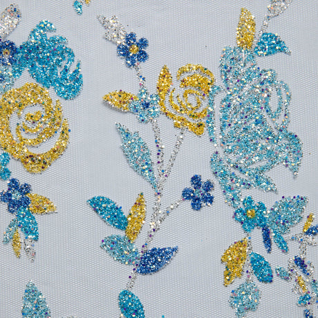 1 Yard Tulle Lace Fabric with Multicolor Glitter Floral Design, 58" Wide