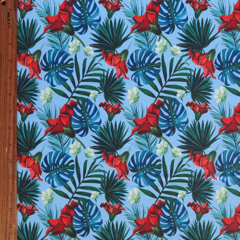 Swim Knit Blue Hawaiian Monstera Floral 4-Way Stretch