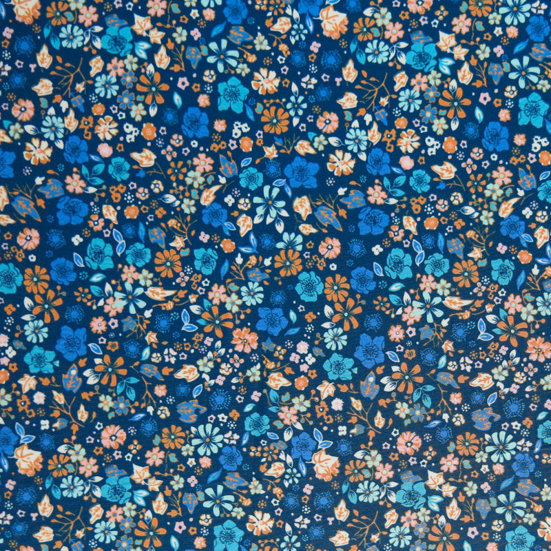 Swim Knit Poly Spandex Ditsy Flowers Blue Orange