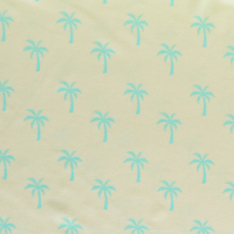 Poly Spandex Swimsuit Fabric Bright Blue Palms on Light Yellow
