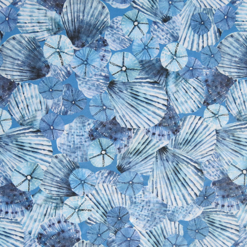 Swim Knit Poly Spandex Blue Seashells 4-Way Stretch