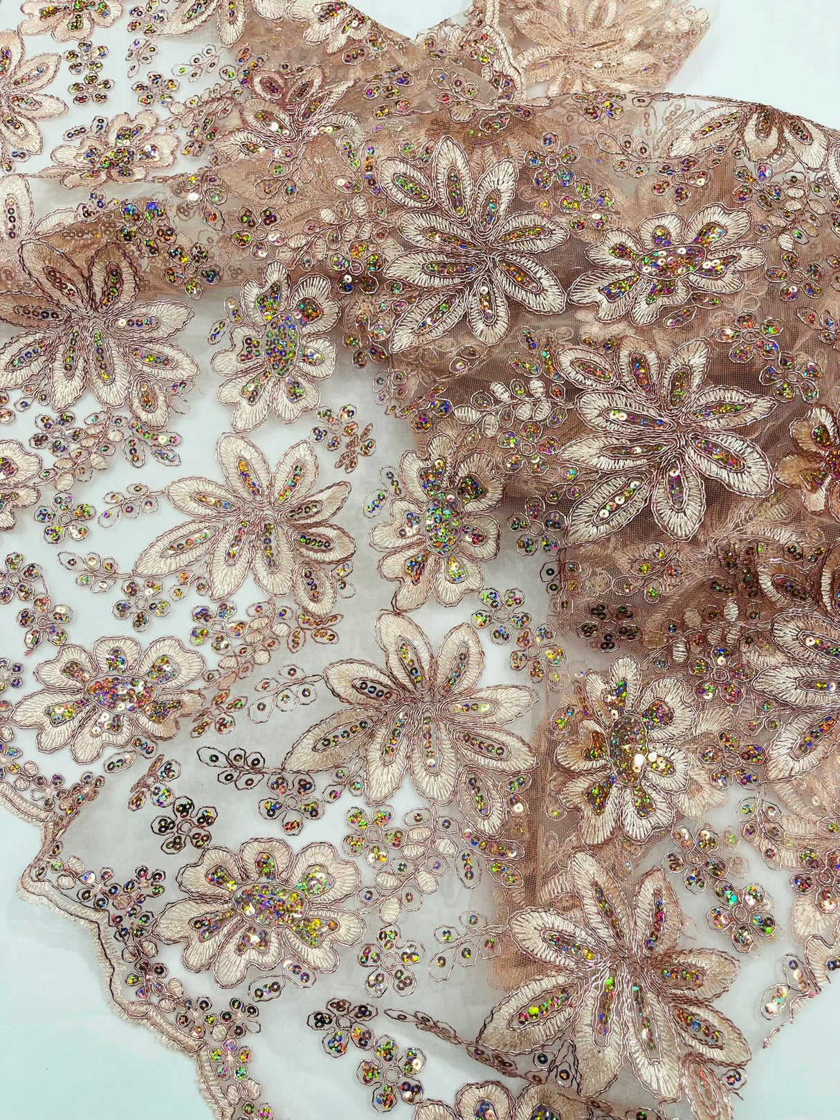 Metallic Floral Lace Design Embroidered Polyester Fabric - Floral Lace, 54" Width (1 Yard)