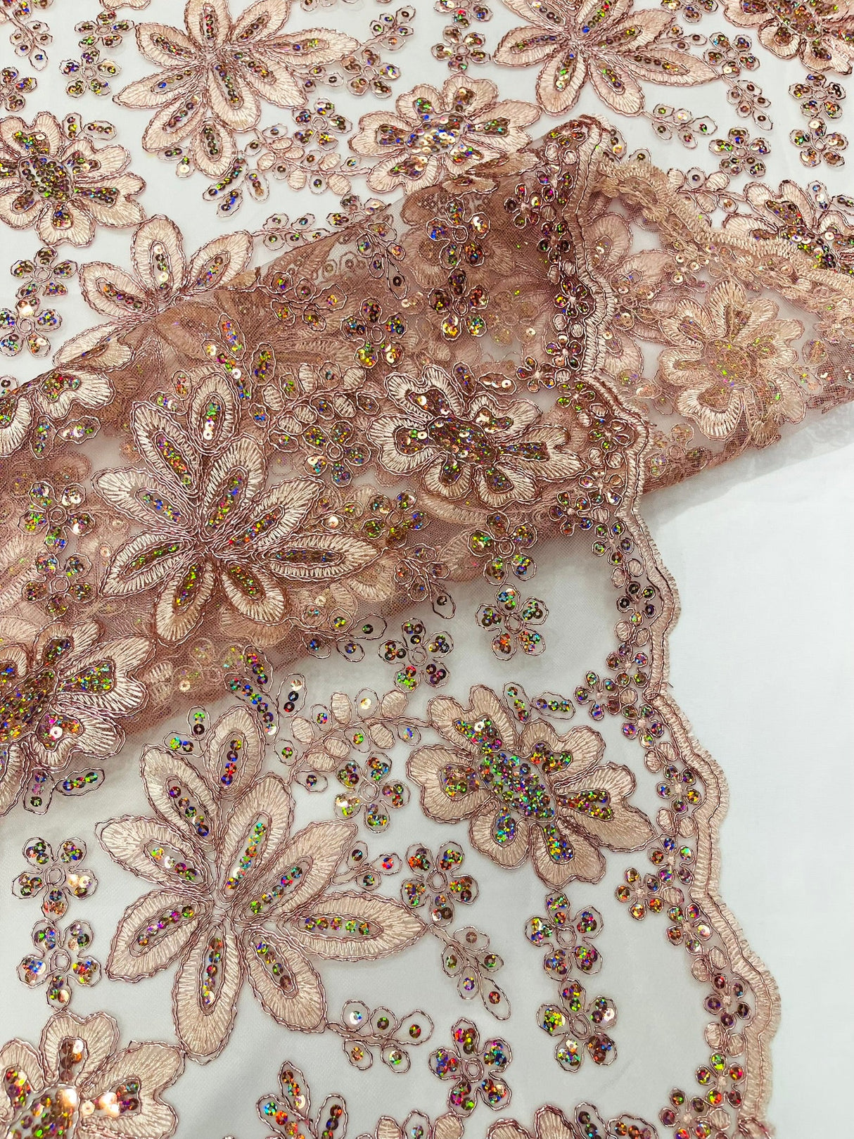 Metallic Floral Lace Design Embroidered Polyester Fabric - Floral Lace, 54" Width (1 Yard)
