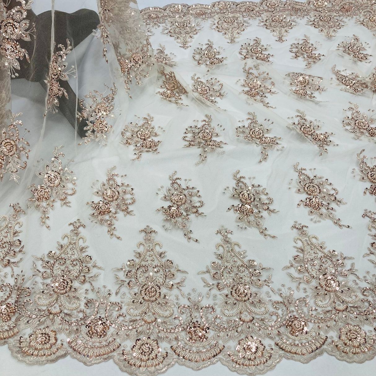 Beaded Lace Fabric Embroidered On 100% Polyester Net Mesh Fabric - Gold, Beaded Sequined Embroidered Lace, 50" Width (1 Yard)