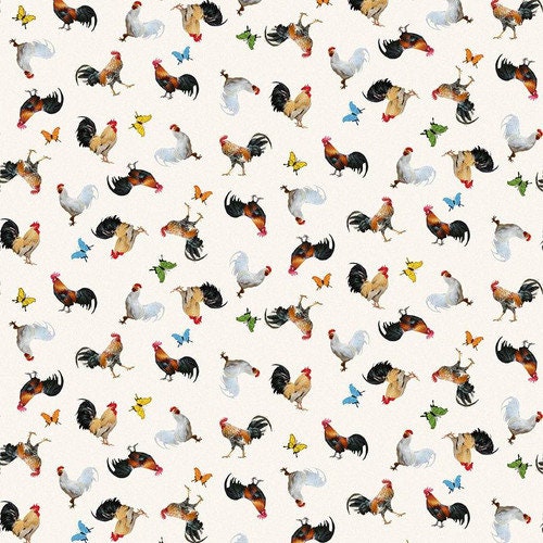Quilting Cotton Break of Dawn Chickens Roosters and Butterflies Blank Quilting