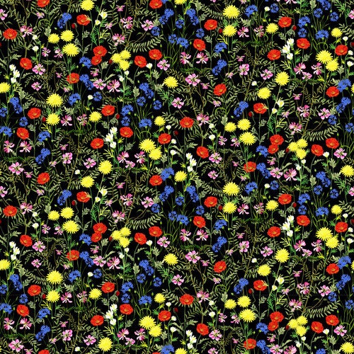 Quilting Cotton Break of Dawn Large Wildflowers Black