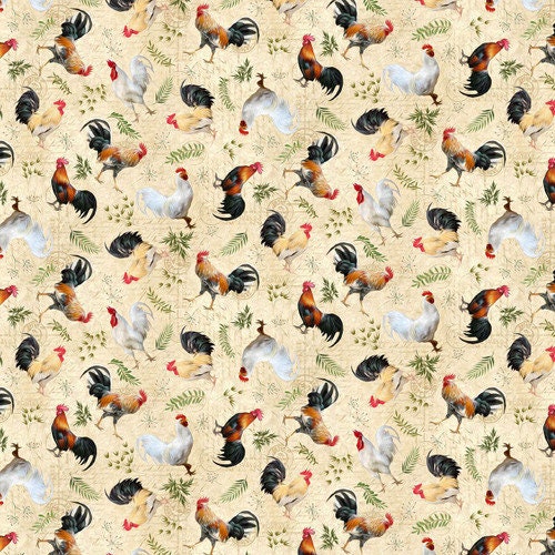 Quilting Cotton Break of Dawn Tossed Chickens and Roosters Tan Blank Quilting